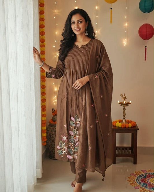 Cotton A-Line Embroidered Suit Set with Pintex Kurta & Dupatta
