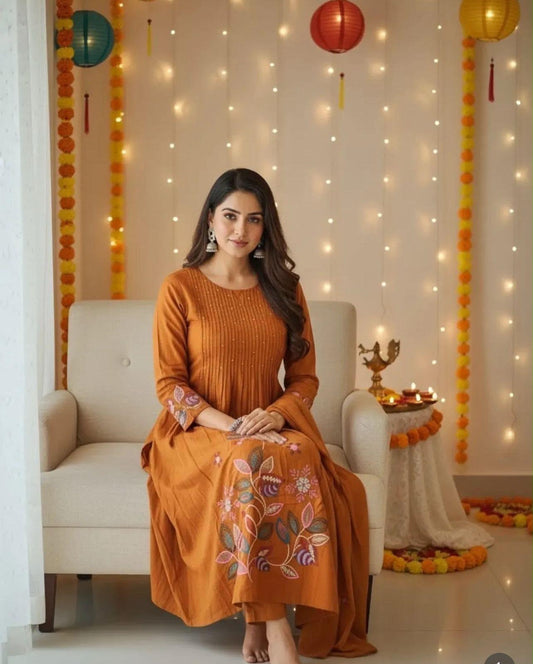 Cotton A-Line Embroidered Suit Set with Pintex Kurta & Dupatta