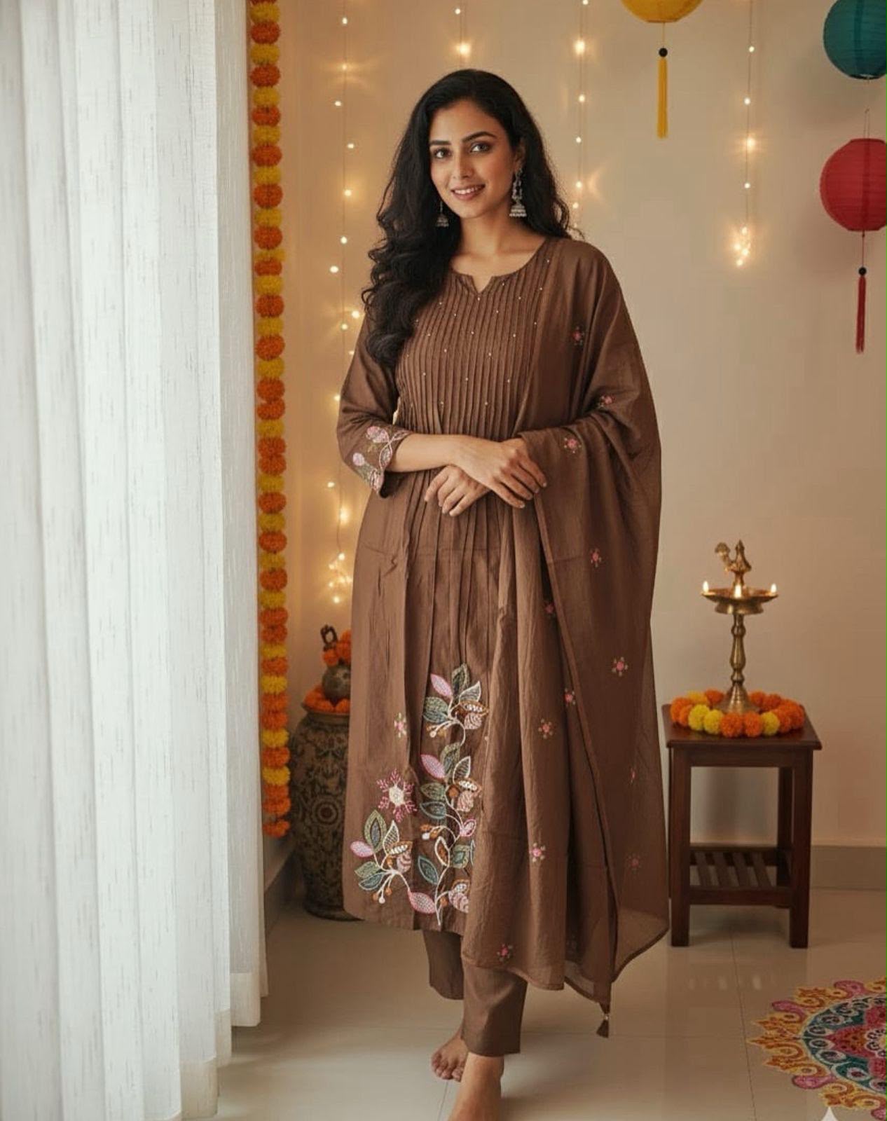 Cotton A-Line Embroidered Suit Set with Pintex Kurta & Dupatta