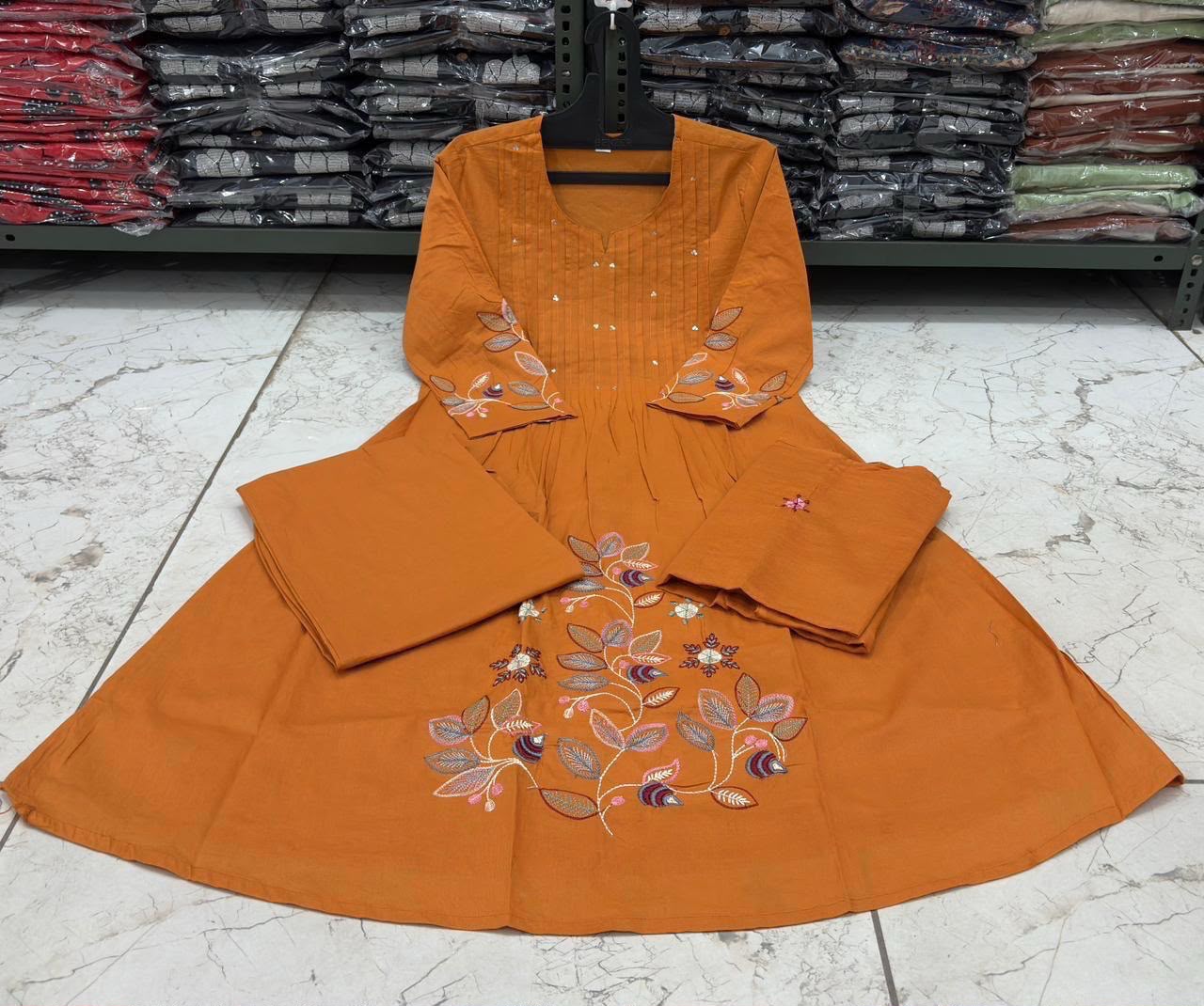 Cotton A-Line Embroidered Suit Set with Pintex Kurta & Dupatta