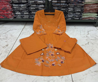 Cotton A-Line Embroidered Suit Set with Pintex Kurta & Dupatta