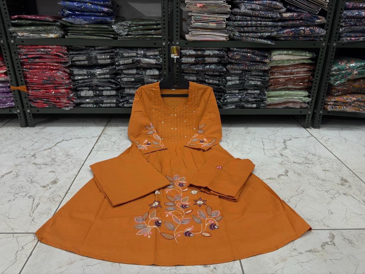 Cotton A-Line Embroidered Suit Set with Pintex Kurta & Dupatta