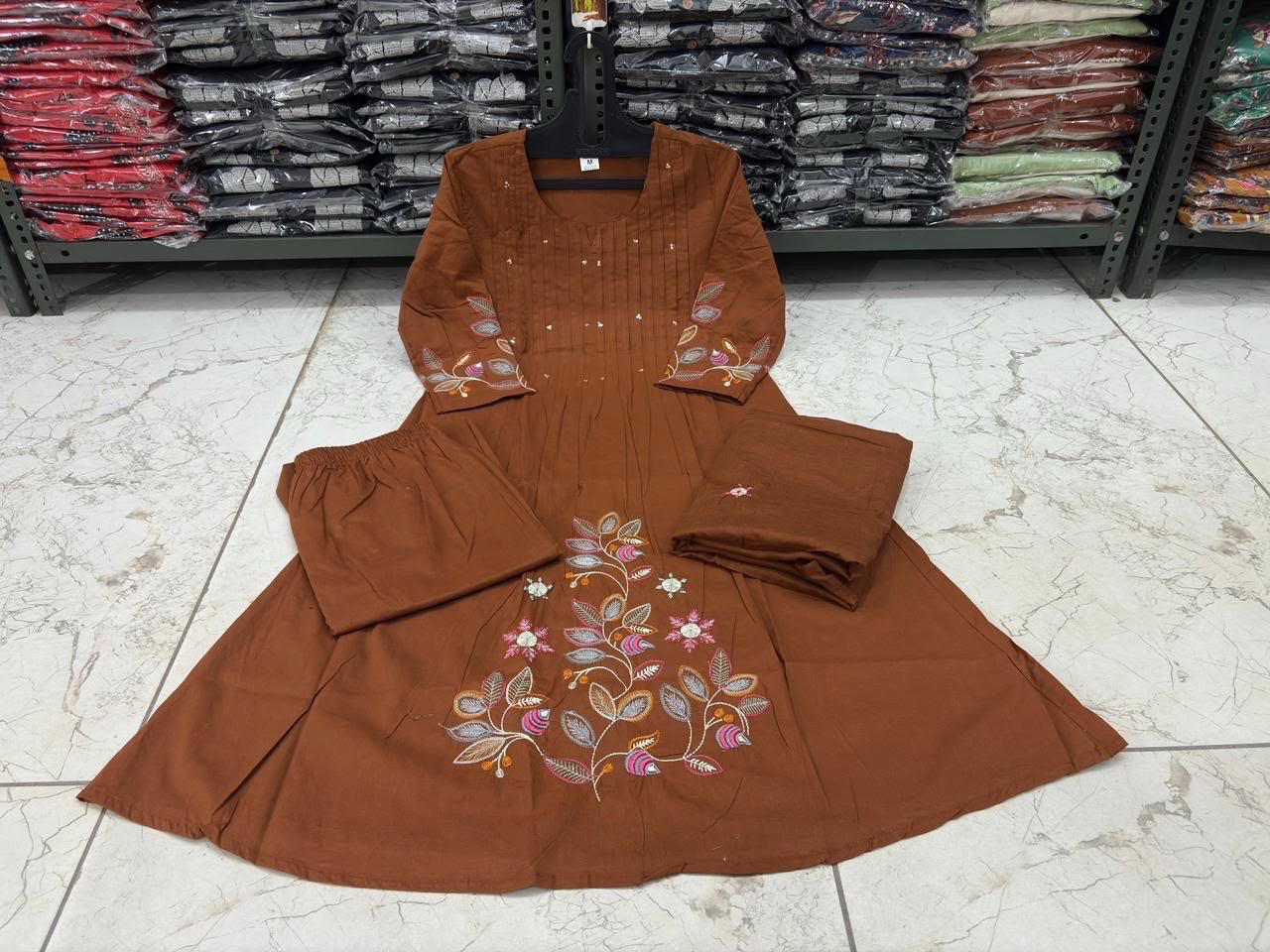 Cotton A-Line Embroidered Suit Set with Pintex Kurta & Dupatta