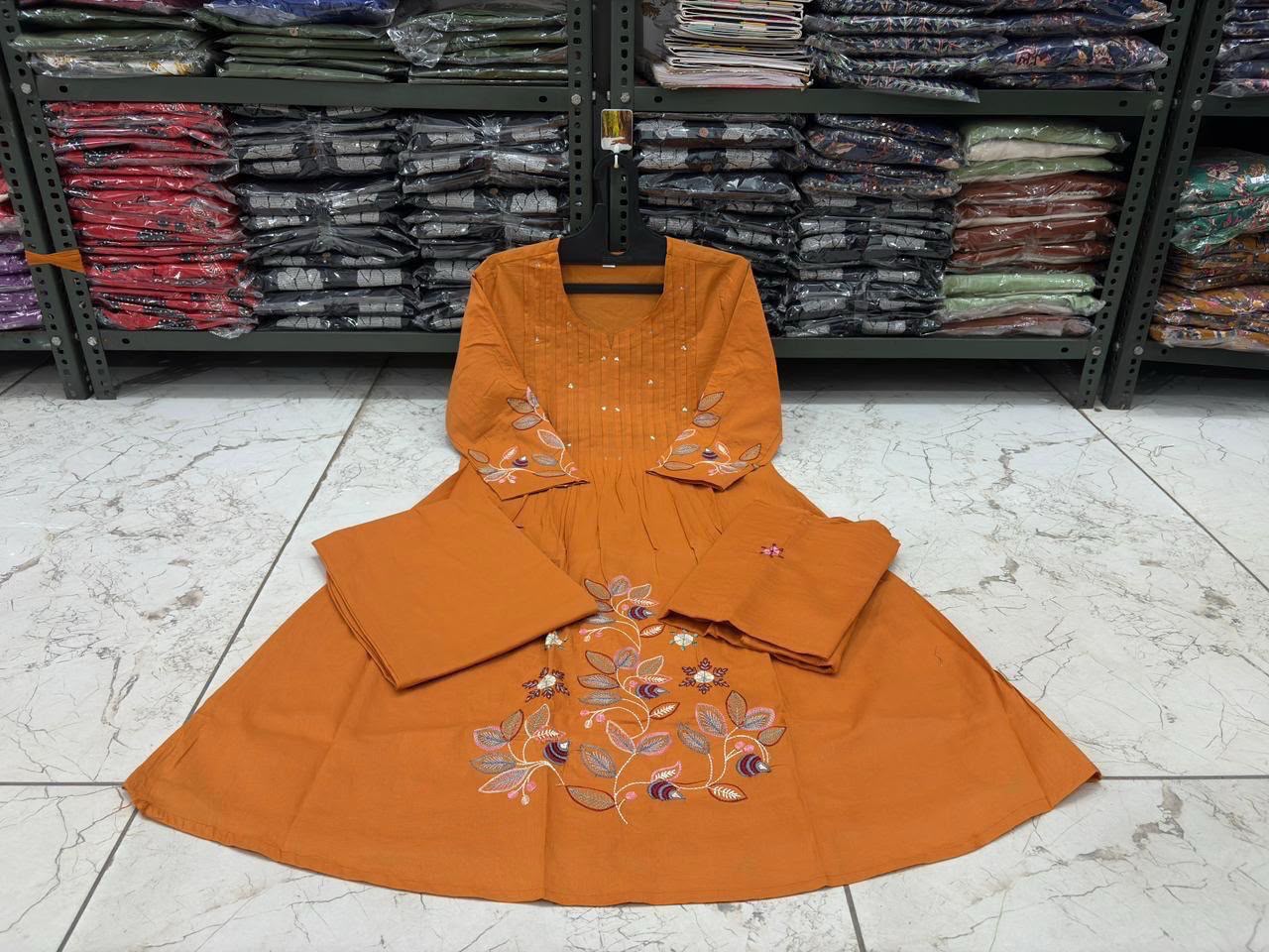 Cotton A-Line Embroidered Suit Set with Pintex Kurta & Dupatta