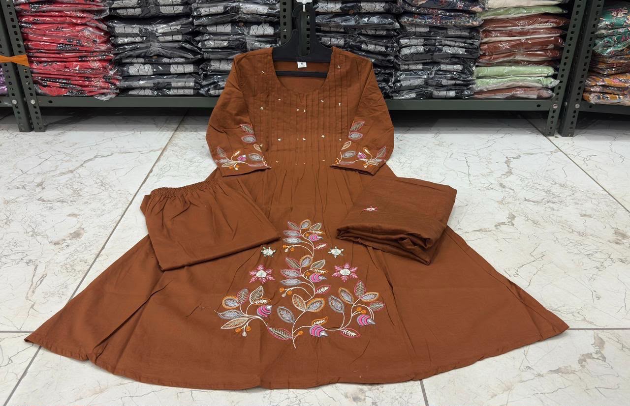 Cotton A-Line Embroidered Suit Set with Pintex Kurta & Dupatta