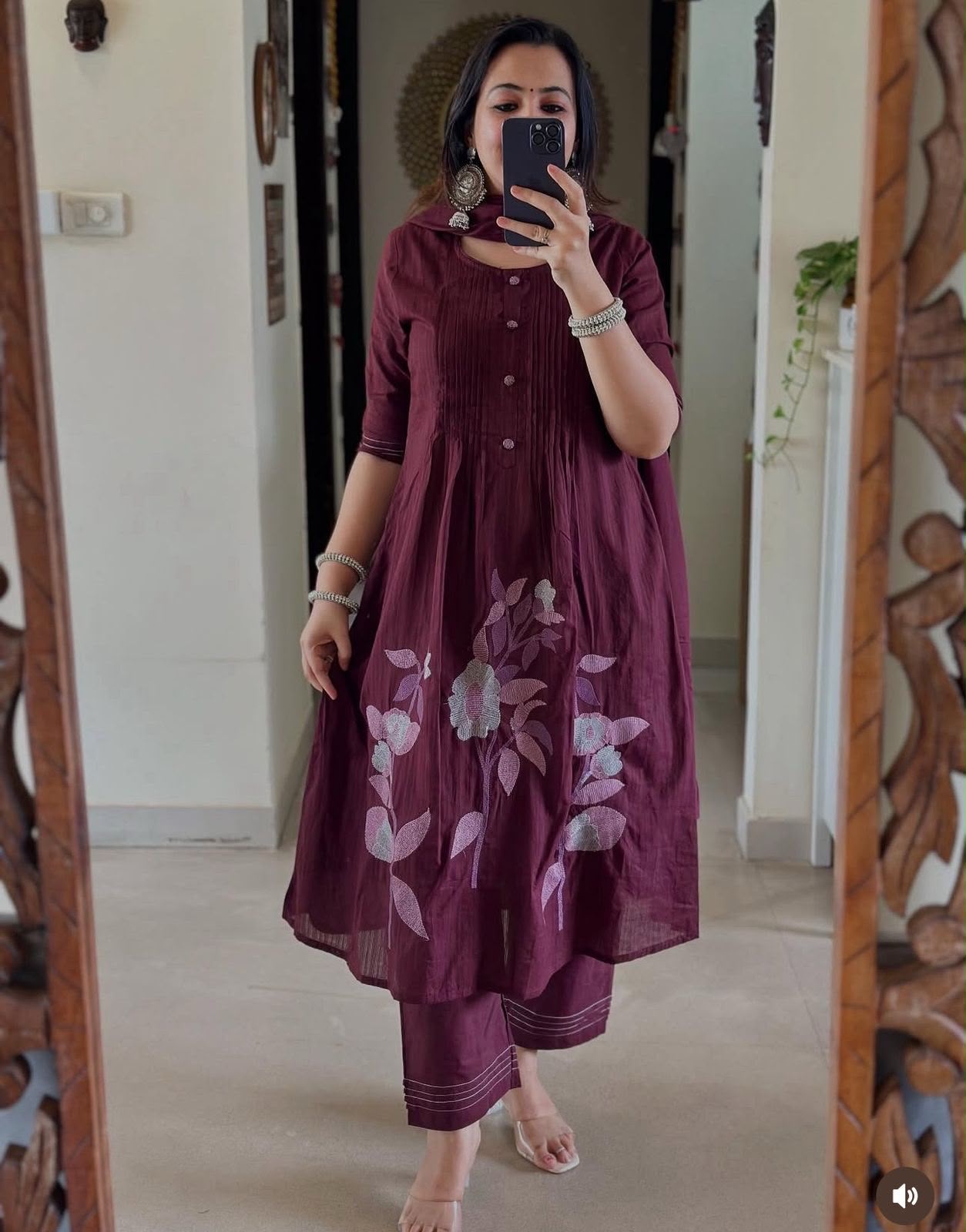 Cotton A-Line Kurta Pant Dupatta Set with Cross-Stitch Embroidery Work