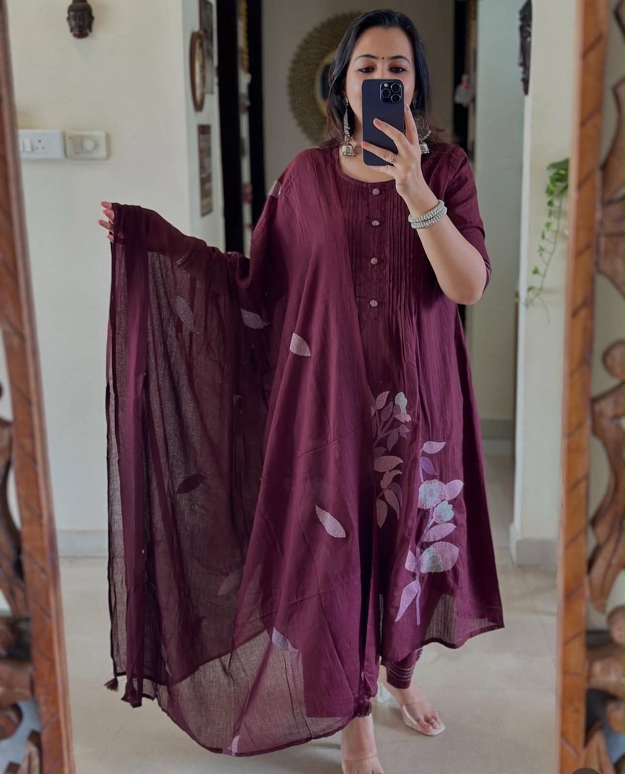Cotton A-Line Kurta Pant Dupatta Set with Cross Stitch Embroidery