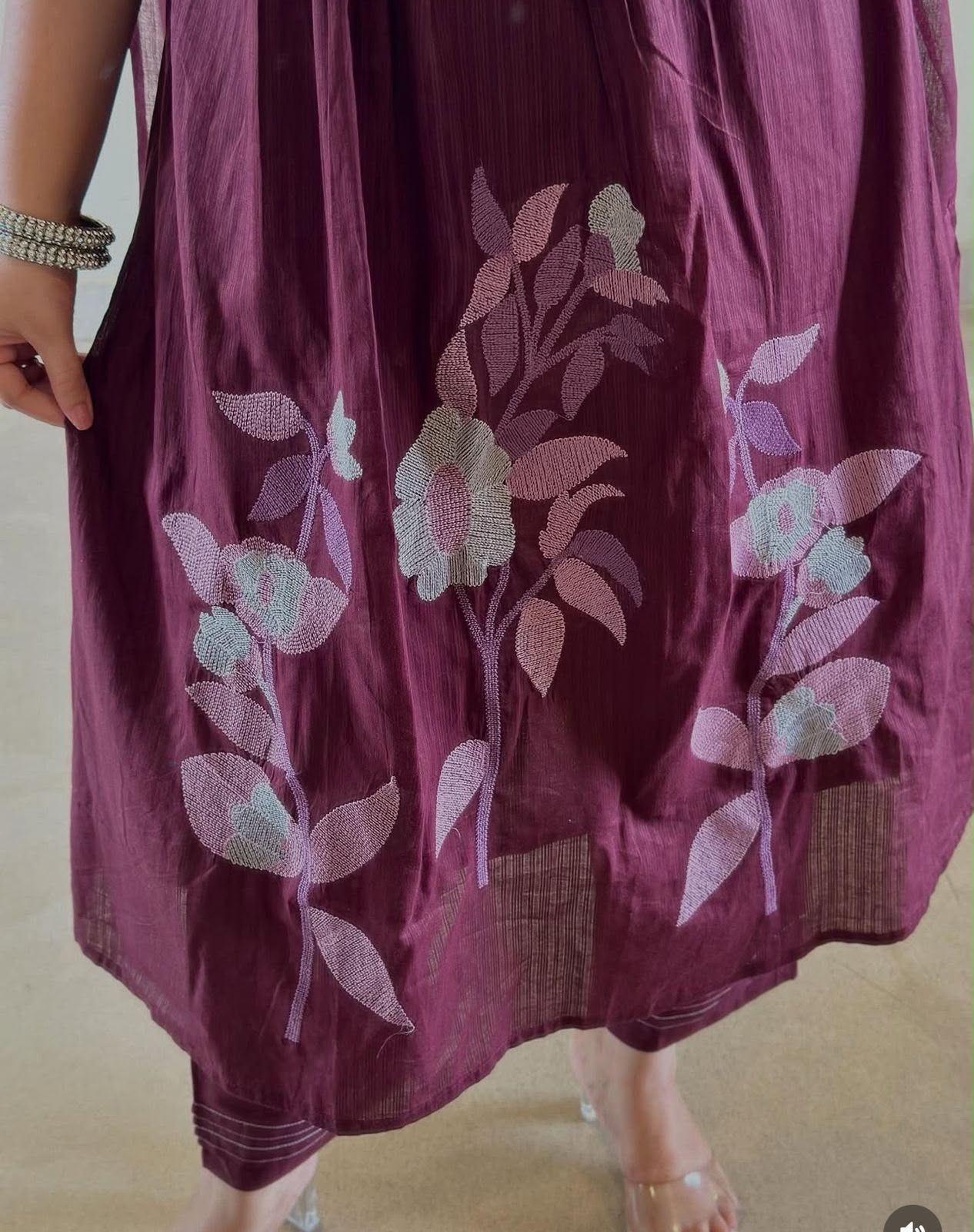 Cotton A-Line Kurta Pant Dupatta Set with Cross Stitch Embroidery
