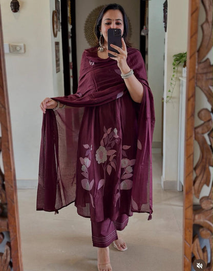 Cotton A-Line Kurta Pant Dupatta Set with Cross Stitch Embroidery