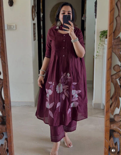Cotton A-Line Kurta Pant Dupatta Set with Cross Stitch Embroidery