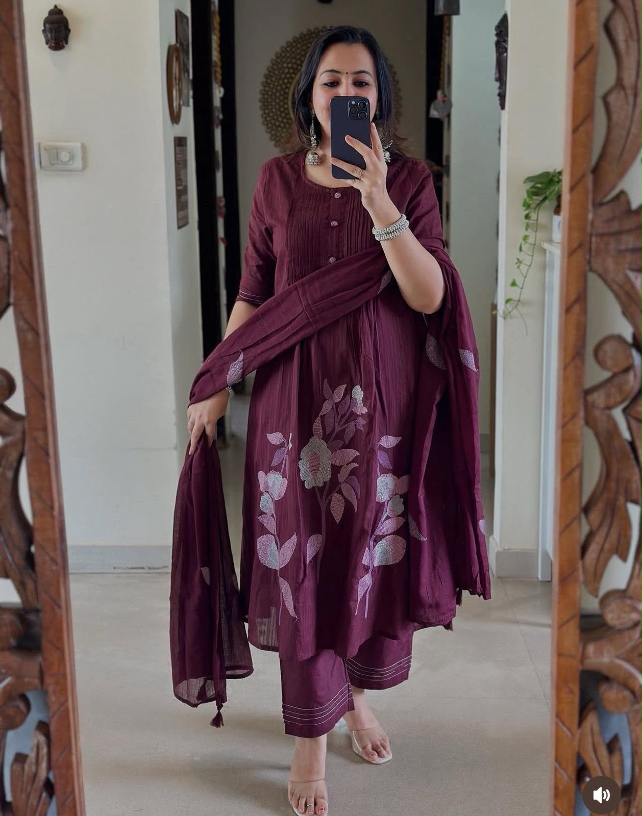 Cotton A-Line Kurta Pant Dupatta Set with Cross Stitch Embroidery