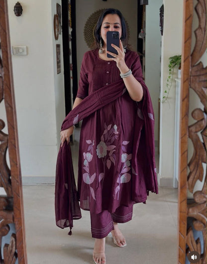 Cotton A-Line Kurta Pant Dupatta Set with Cross Stitch Embroidery