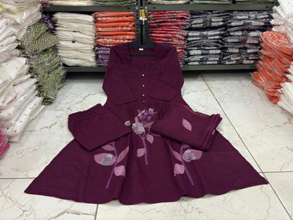 Cotton A-Line Kurta Pant Dupatta Set with Cross Stitch Embroidery