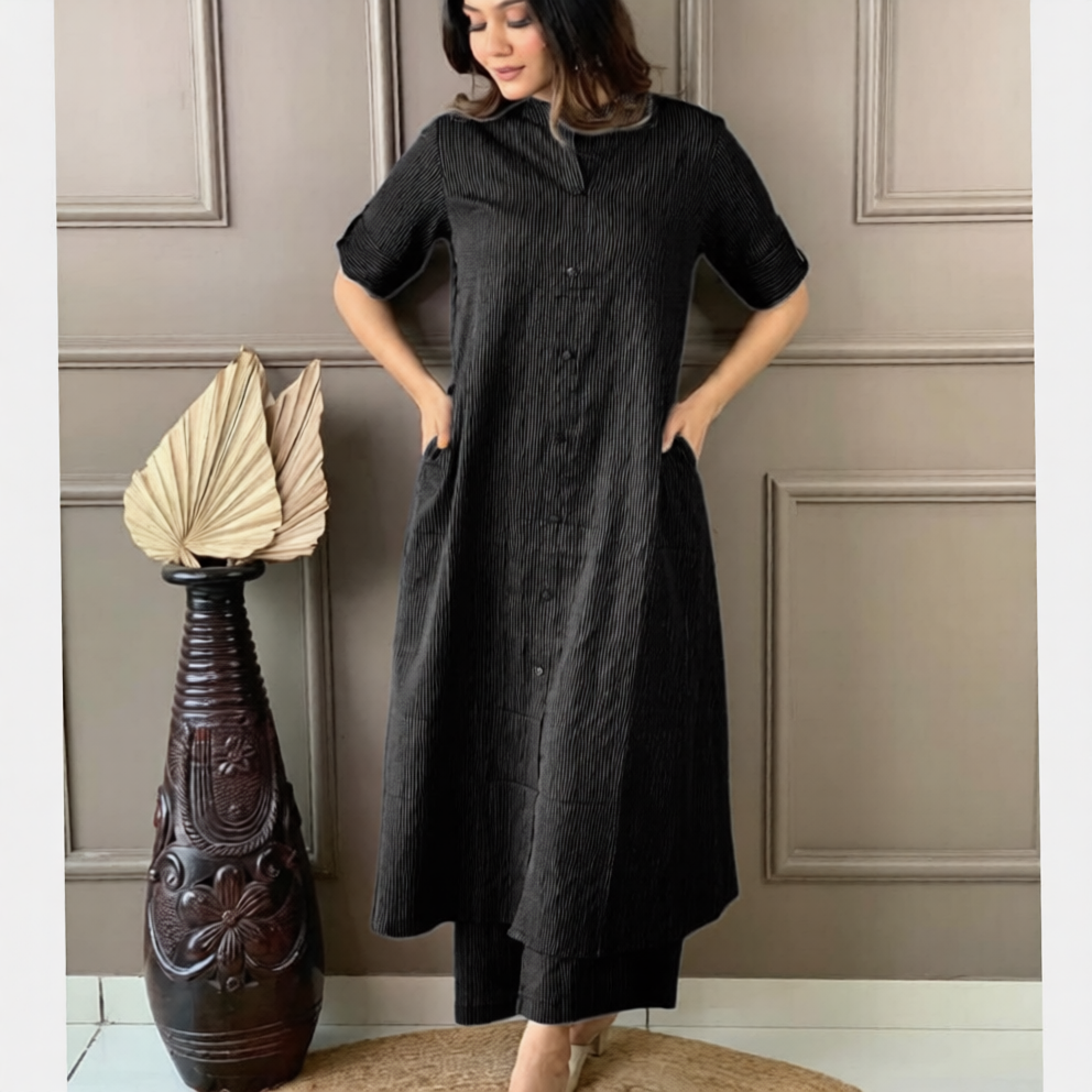 Cotton A-Line Kurti Co-Ord Set with Ankle Length Palazzo & Kantha Work