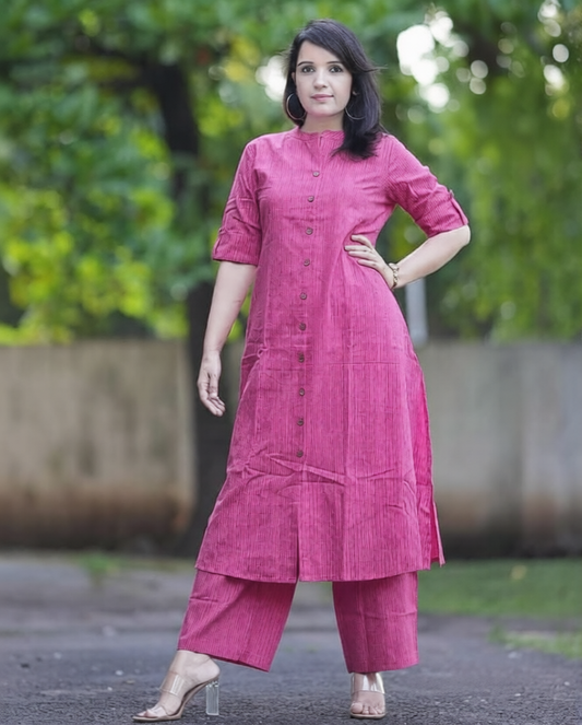 Cotton A-Line Kurti Co-Ord Set with Ankle Length Palazzo & Kantha Work