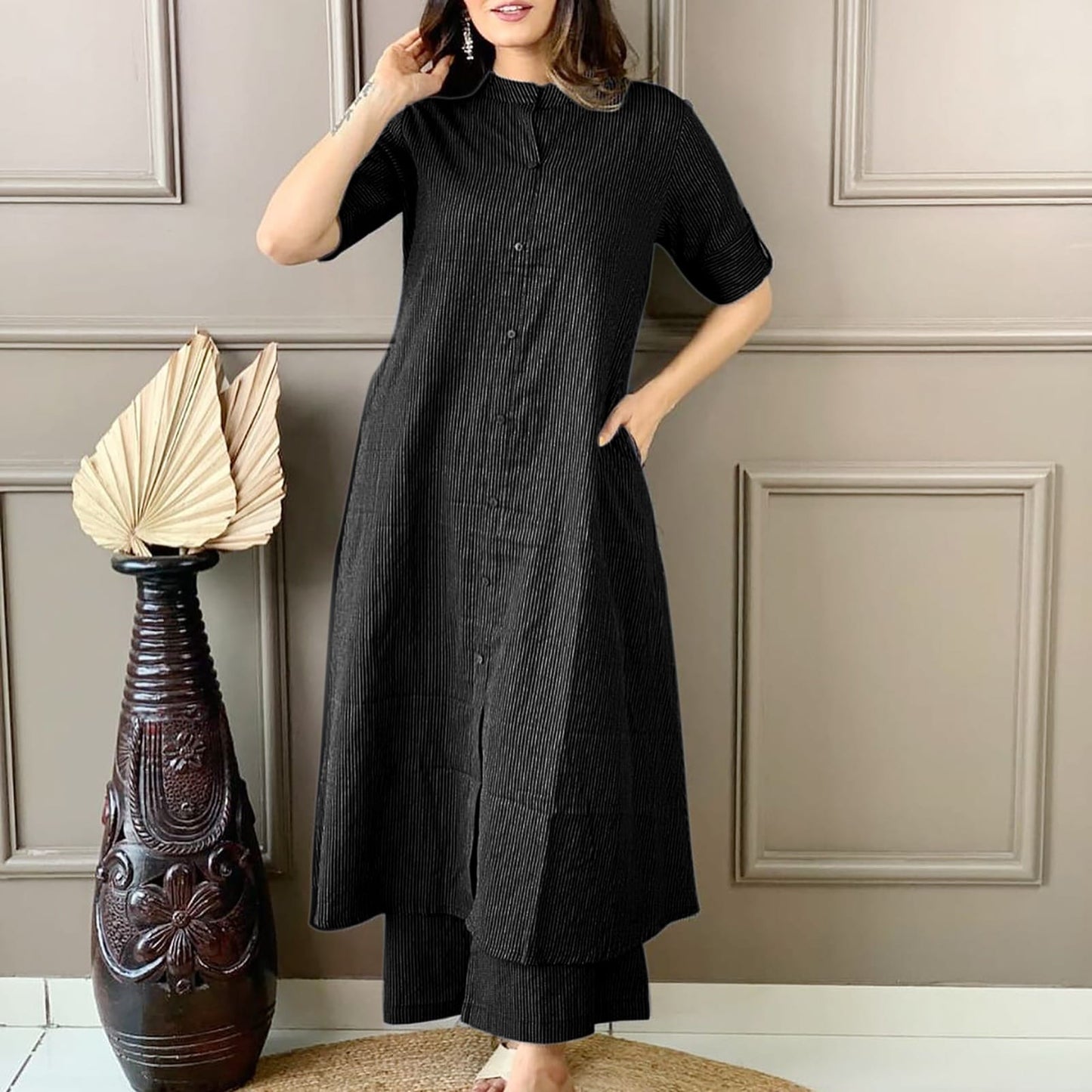 Cotton A-Line Kurti Co-Ord Set with Ankle Length Palazzo & Kantha Work