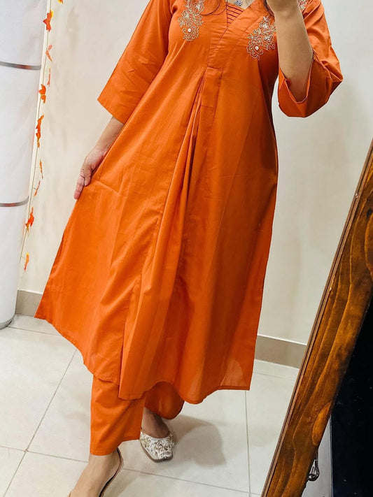 Cotton A-Line Kurti Palazzo Co-ord Set with Moti & Aari Work