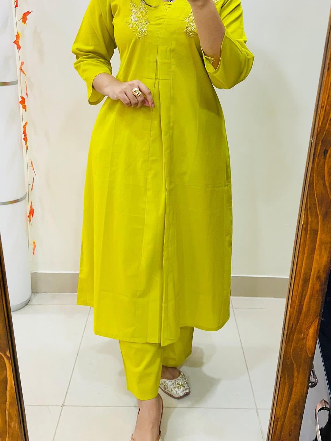 Cotton A-Line Kurti Palazzo Co-ord Set with Moti & Aari Work