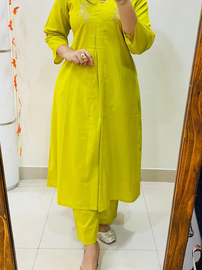 Cotton A-Line Kurti Palazzo Co-ord Set with Moti & Aari Work