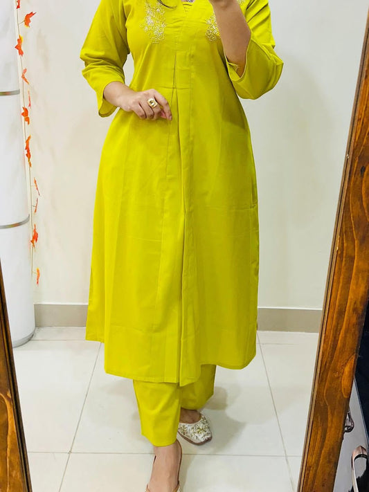 Cotton A-Line Kurti Palazzo Co-ord Set with Moti & Aari Work