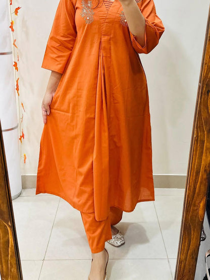 Cotton A-Line Kurti Palazzo Co-ord Set with Moti & Aari Work