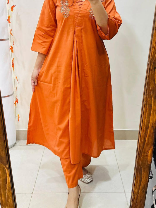 Cotton A-Line Kurti Palazzo Co-ord Set with Moti & Aari Work