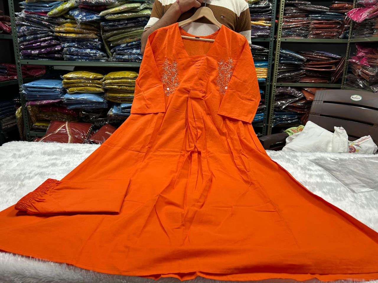 Cotton A-Line Kurti Palazzo Co-ord Set with Moti & Aari Work