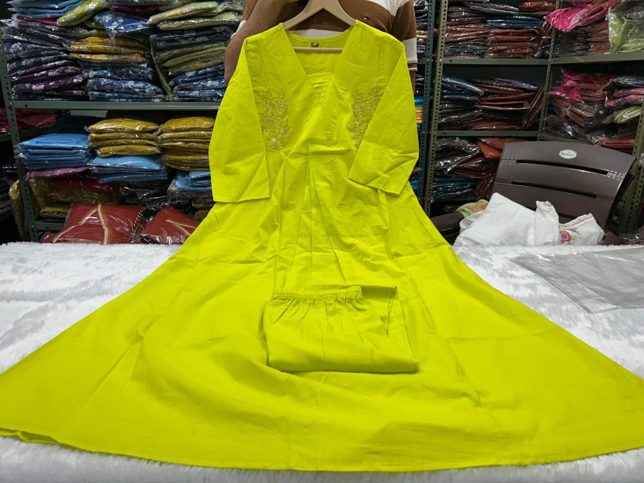 Cotton A-Line Kurti Palazzo Co-ord Set with Moti & Aari Work