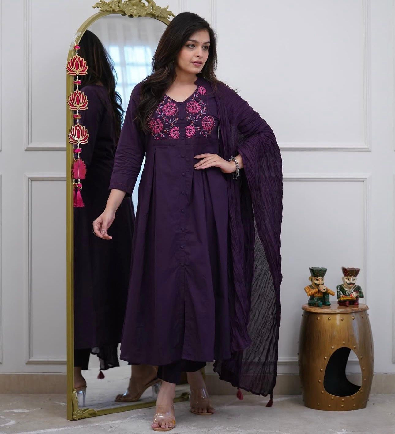 Cotton A-Line Kurti Set with Embroidered Yoke & Mal Mal Dupatta