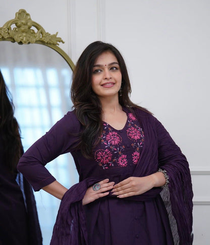Cotton A-Line Kurti Set with Embroidered Yoke & Mal Mal Dupatta