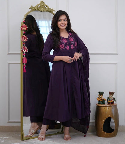 Cotton A-Line Kurti Set with Embroidered Yoke & Mal Mal Dupatta