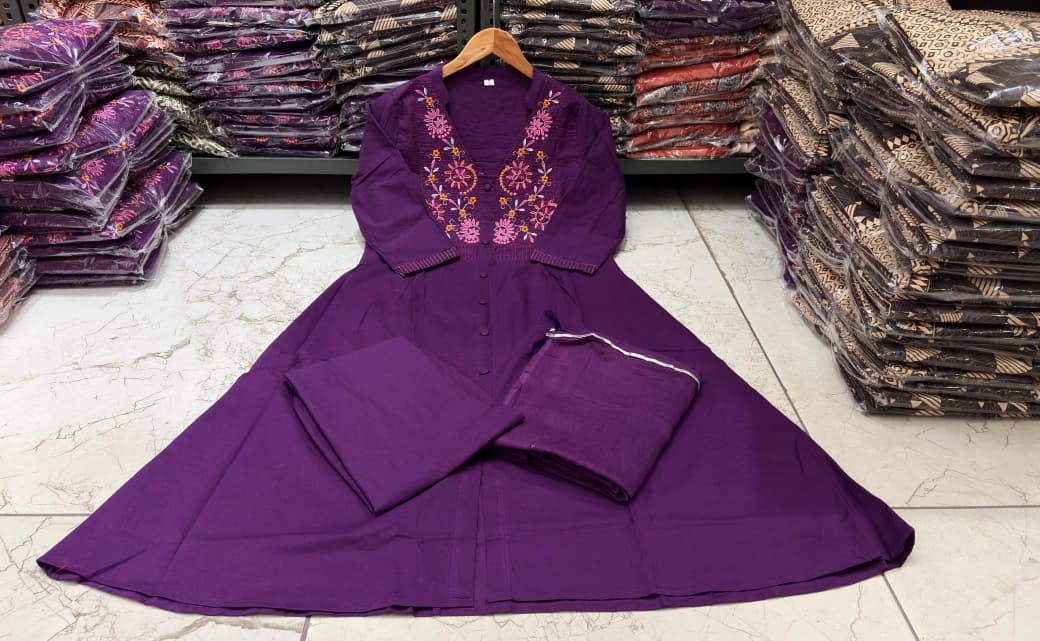 Cotton A-Line Kurti Set with Embroidered Yoke & Mal Mal Dupatta