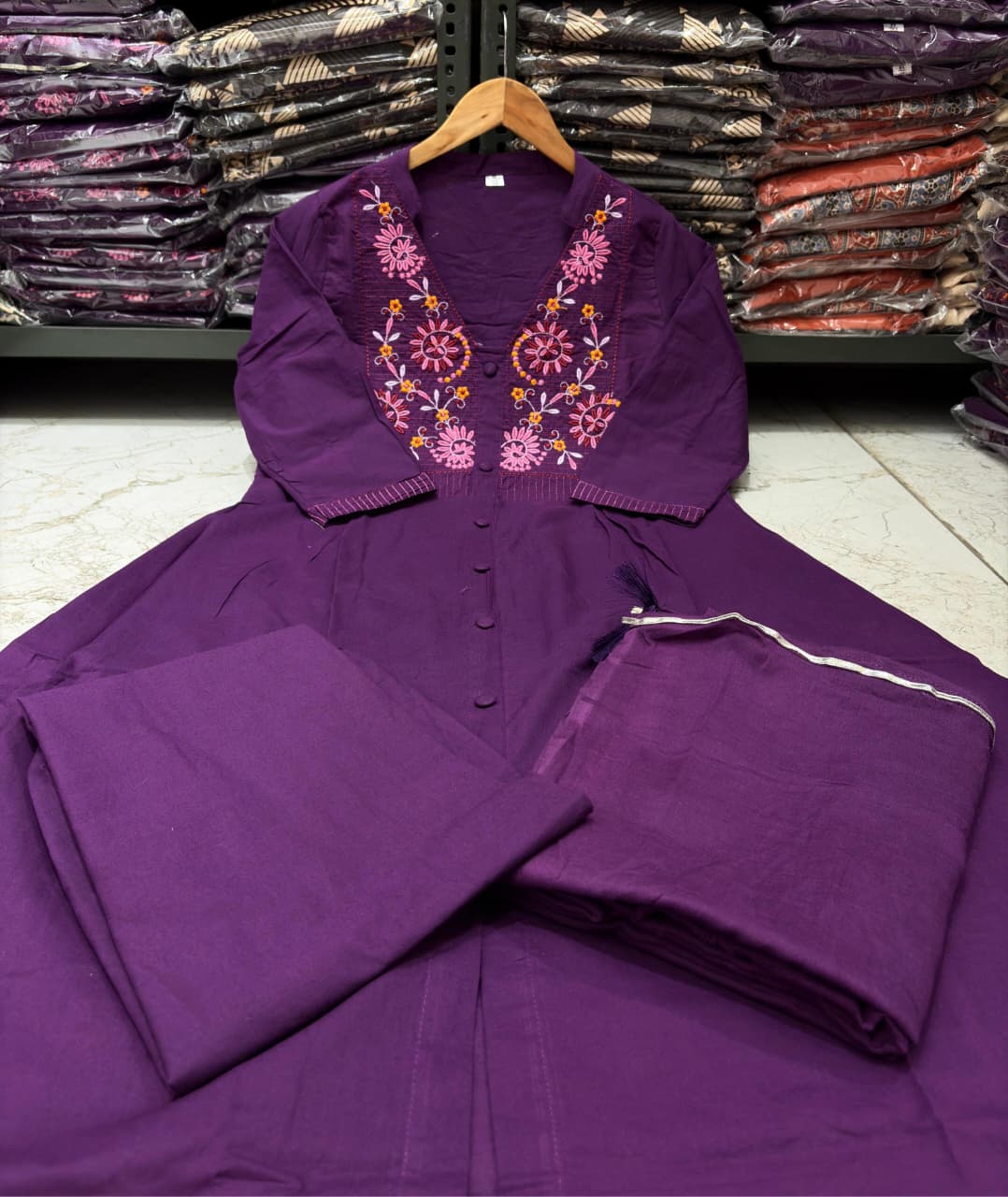 Cotton A-Line Kurti Set with Embroidered Yoke & Mal Mal Dupatta