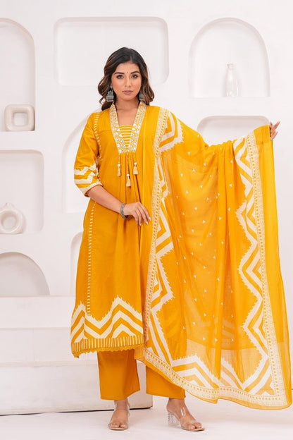 Cotton A-Line Kurti Set with Embroidered Yoke & Printed Mal Mal Dupatta