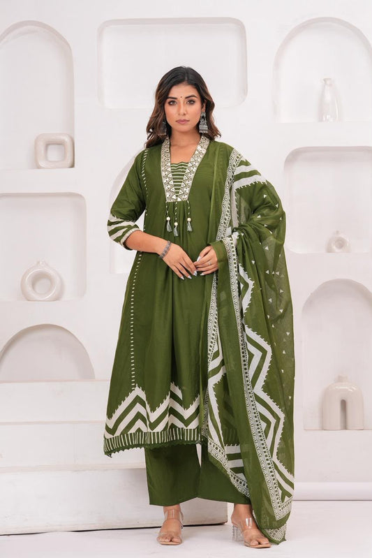 Cotton A-Line Kurti Set with Embroidered Yoke & Printed Mal Mal Dupatta