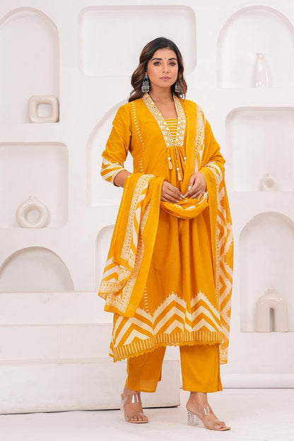 Cotton A-Line Kurti Set with Embroidered Yoke & Printed Mal Mal Dupatta