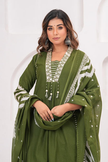 Cotton A-Line Kurti Set with Embroidered Yoke & Printed Mal Mal Dupatta