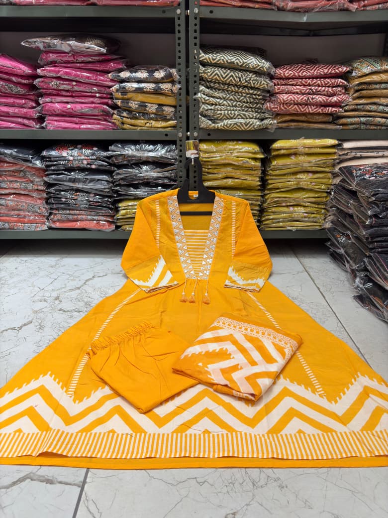 Cotton A-Line Kurti Set with Embroidered Yoke & Printed Mal Mal Dupatta