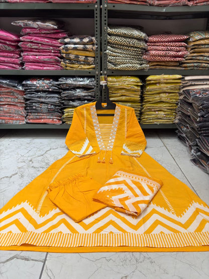 Cotton A-Line Kurti Set with Embroidered Yoke & Printed Mal Mal Dupatta