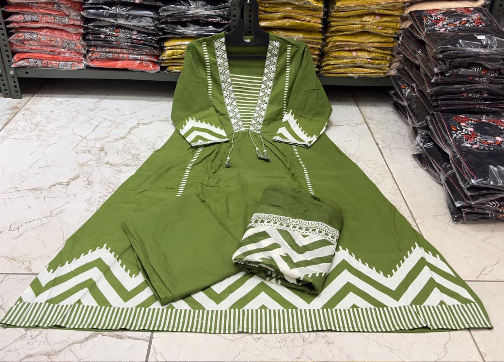 Cotton A-Line Kurti Set with Embroidered Yoke & Printed Mal Mal Dupatta