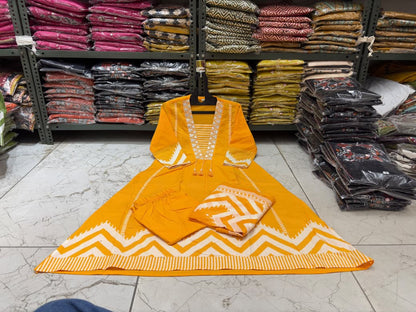 Cotton A-Line Kurti Set with Embroidered Yoke & Printed Mal Mal Dupatta