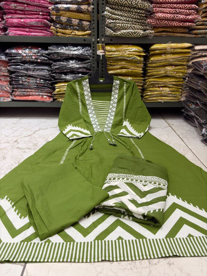 Cotton A-Line Kurti Set with Embroidered Yoke & Printed Mal Mal Dupatta