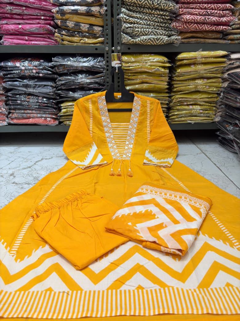 Cotton A-Line Kurti Set with Embroidered Yoke & Printed Mal Mal Dupatta
