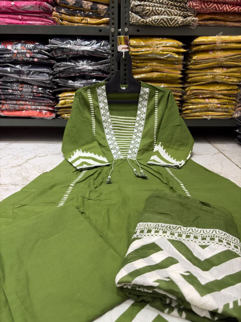 Cotton A-Line Kurti Set with Embroidered Yoke & Printed Mal Mal Dupatta