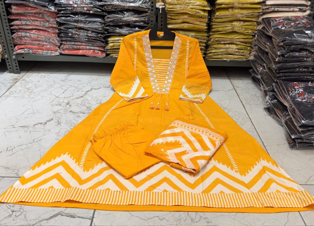 Cotton A-Line Kurti Set with Embroidered Yoke & Printed Mal Mal Dupatta