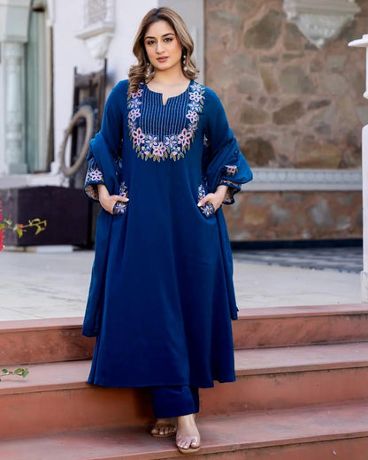 Cotton A-Line Kurti Set with Embroidery & Malmal Dupatta