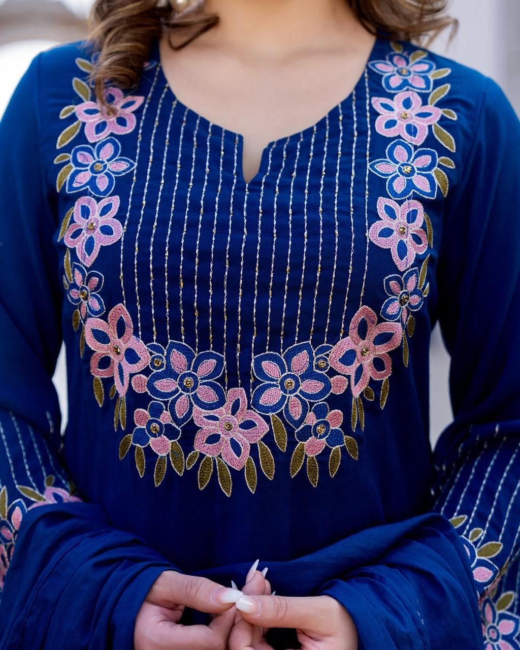 Cotton A-Line Kurti Set with Embroidery & Malmal Dupatta