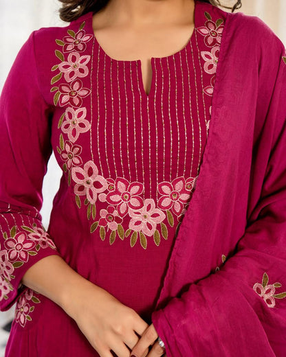 Cotton A-Line Kurti Set with Embroidery & Malmal Dupatta