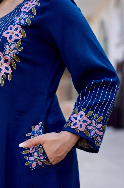 Cotton A-Line Kurti Set with Embroidery & Malmal Dupatta