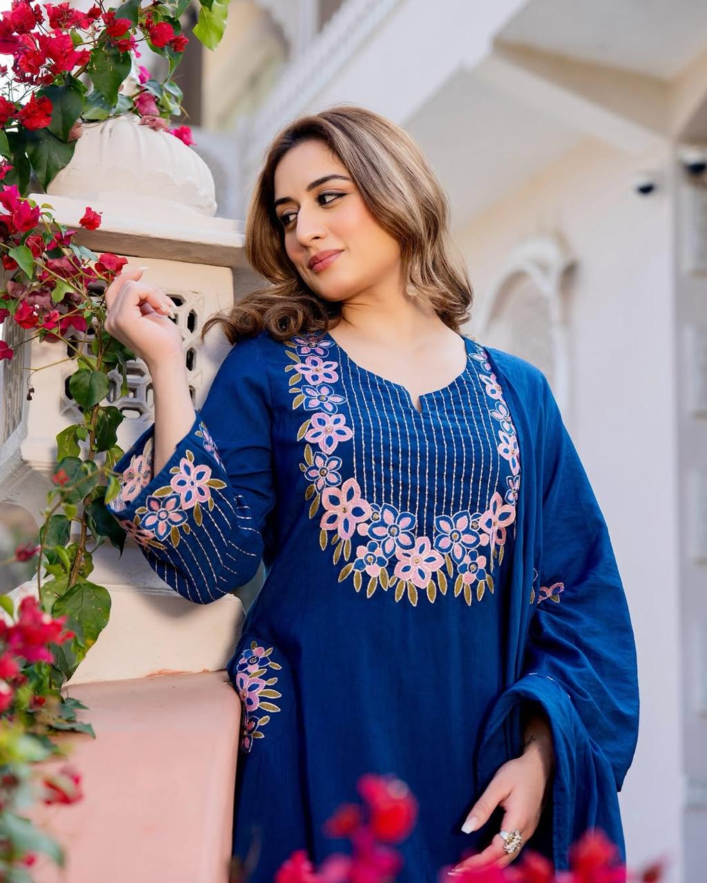 Cotton A-Line Kurti Set with Embroidery & Malmal Dupatta